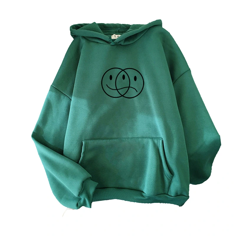Simple Smiley Print Women's Hooded Sweatshirt Loose Top
