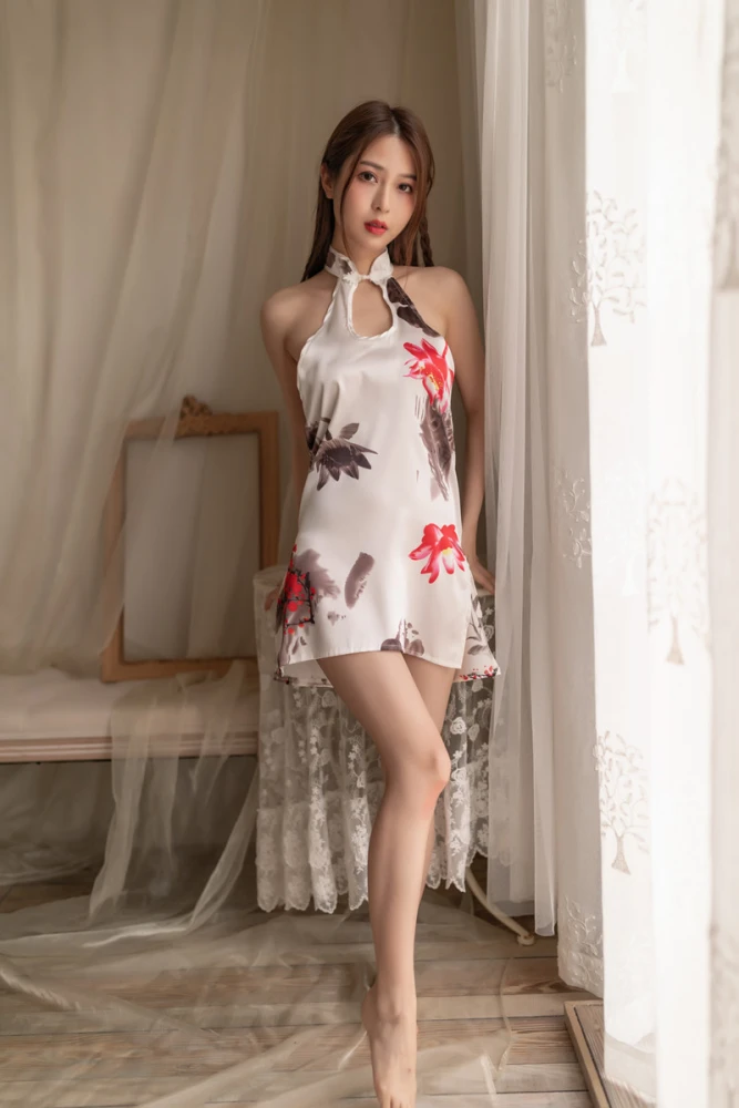 Sexy Women Home Short Skirt Retro Slit Ladies Print Retro Cheongsam Suit