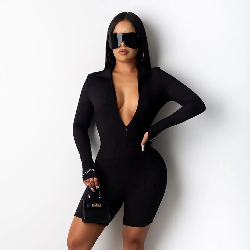 Zipper High Neck Embroidered Sports Short High Elastic Hole Strip Jumpsuit