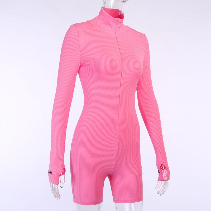 Zipper High Neck Embroidered Sports Short High Elastic Hole Strip Jumpsuit