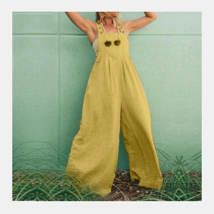 Cotton And Linen Solid Color Suspenders Long Wide-leg Jumpsuit