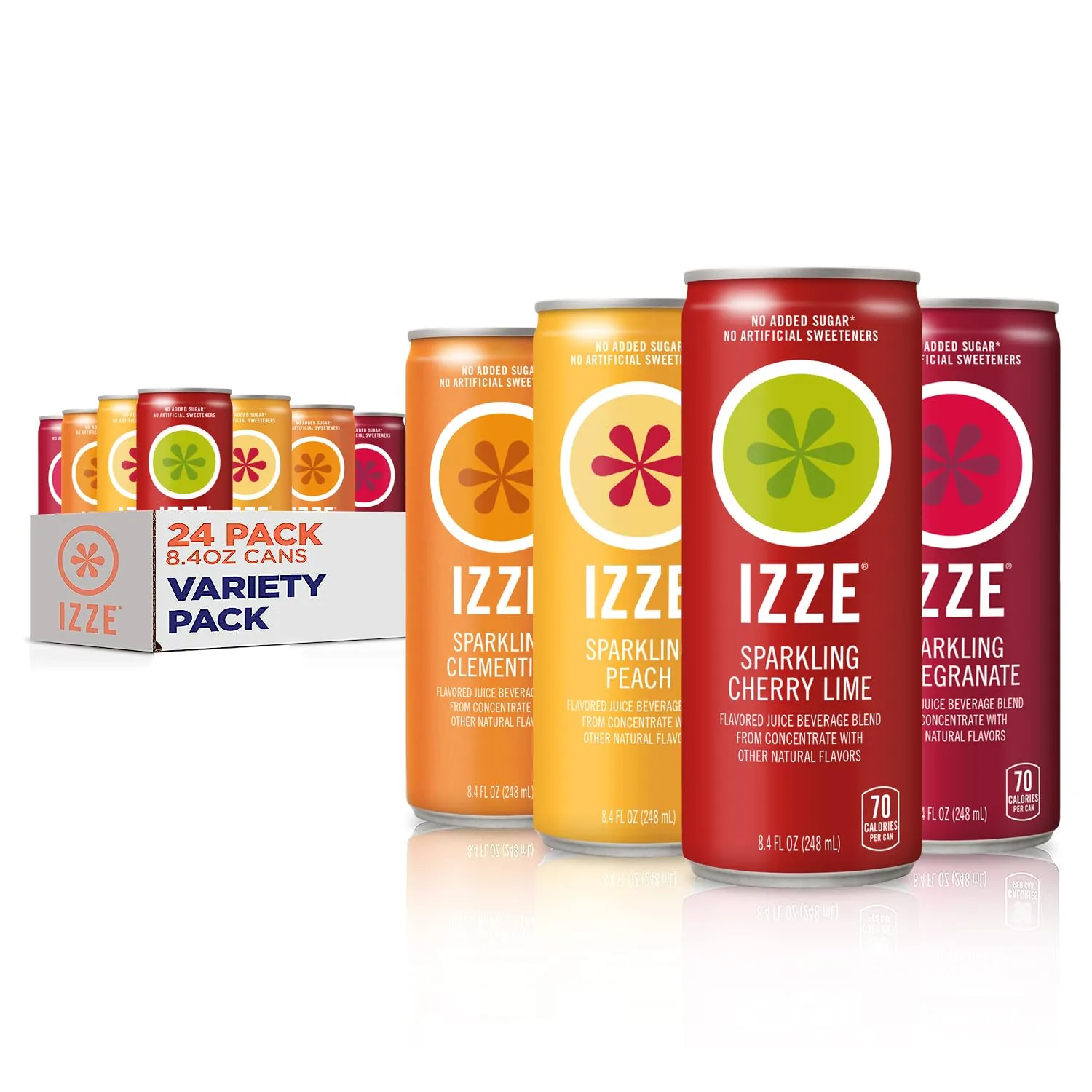 IZZE Sparkling Juice Beverage Blend, Sunset Variety Pack, Clementine, Peach, Cherry Lime, Pomegranate, No Sugar Added, 8.4 FL OZ, 24 Cans