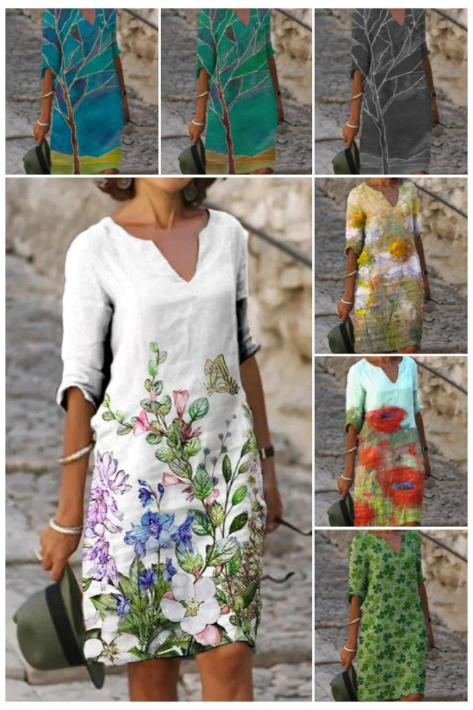 Printed Mid Sleeve V Neck Slim Dress Female Print Mid Waist Green Pullover A Line Skirt