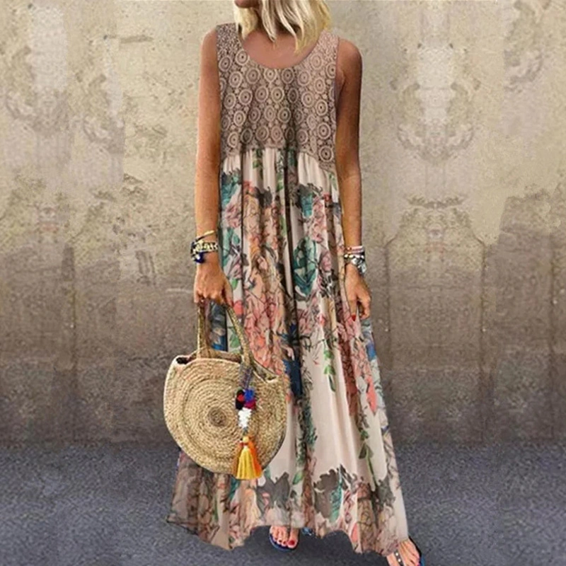 Retro Print Round Neck Sleeveless Loose Casual Long Dress