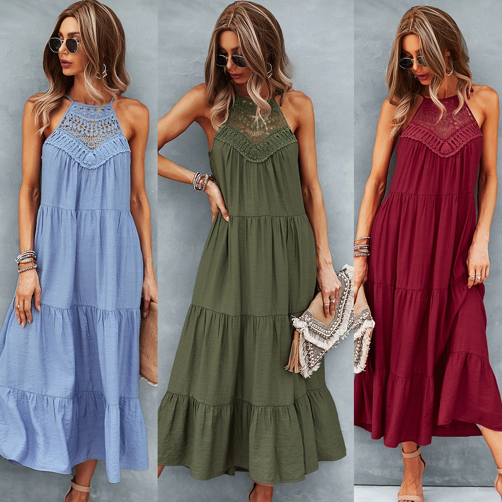 Sling Collar Solid Color Stitching Large Hem Midi Skirt