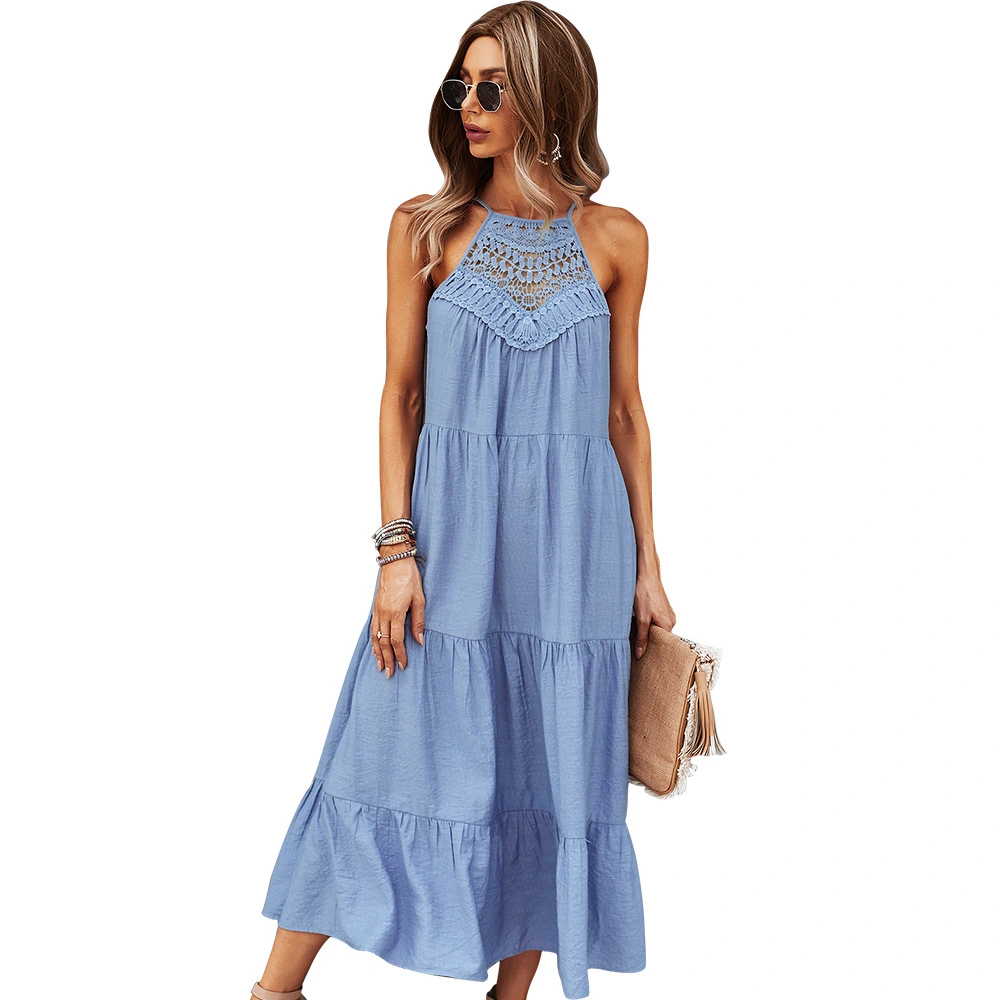 Sling Collar Solid Color Stitching Large Hem Midi Skirt