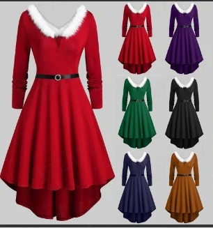 Ladies Christmas Furry Stitching V-Neck Long Sleeve Dress