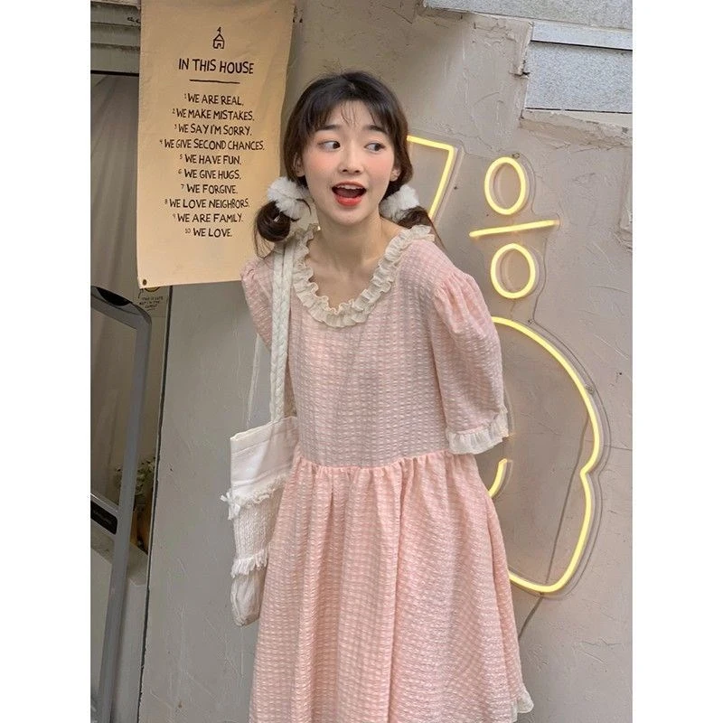 Japanese College Style Sweeter Than First LovePlaid Lace Skirt Muscle Puff Sleeve Princess Dress Small Dress