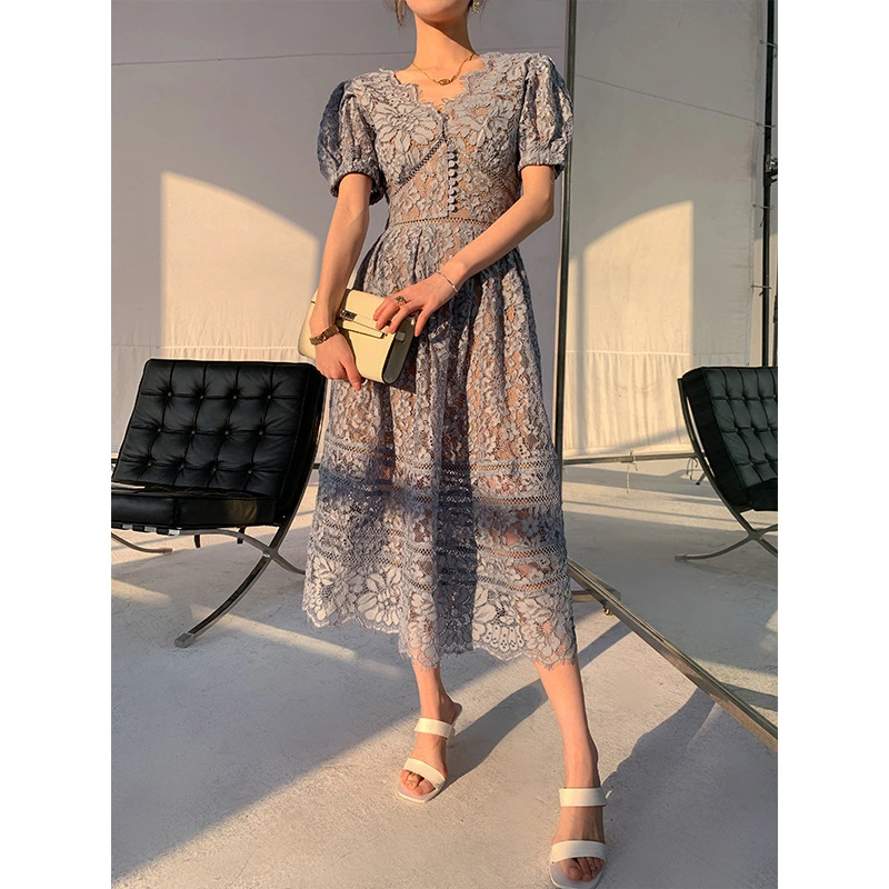 Palace Lace Stitching Sexy V-neck High Waist Slim Long Dress