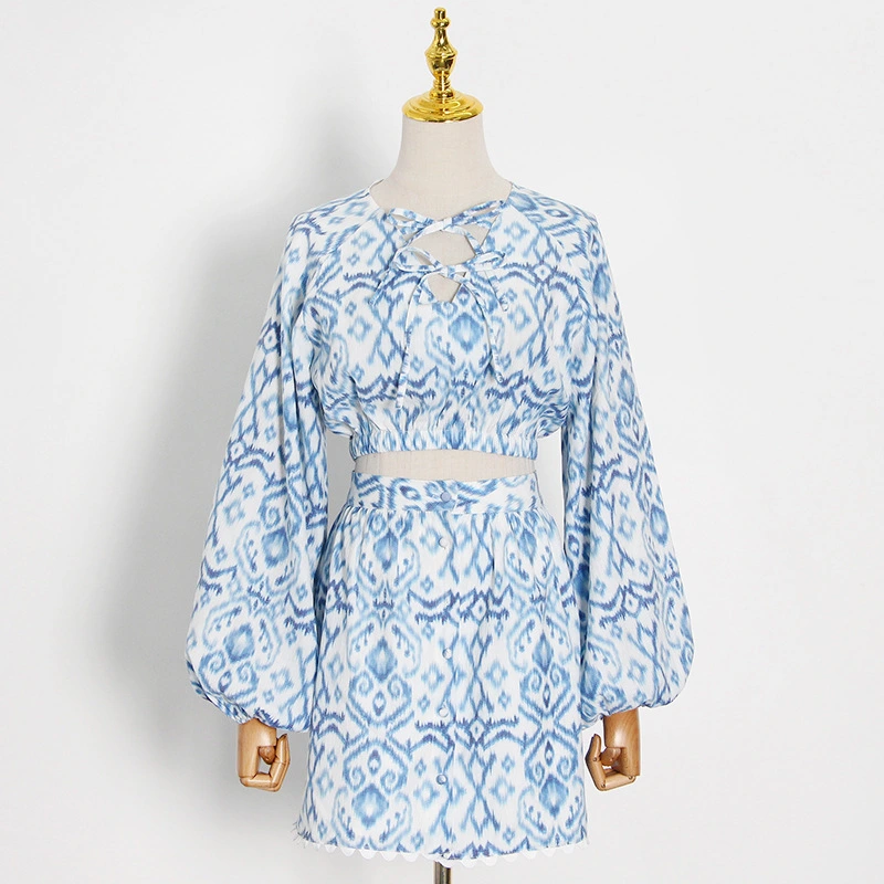 European And American Navel Sexy V-neck Printed Lantern Sleeves