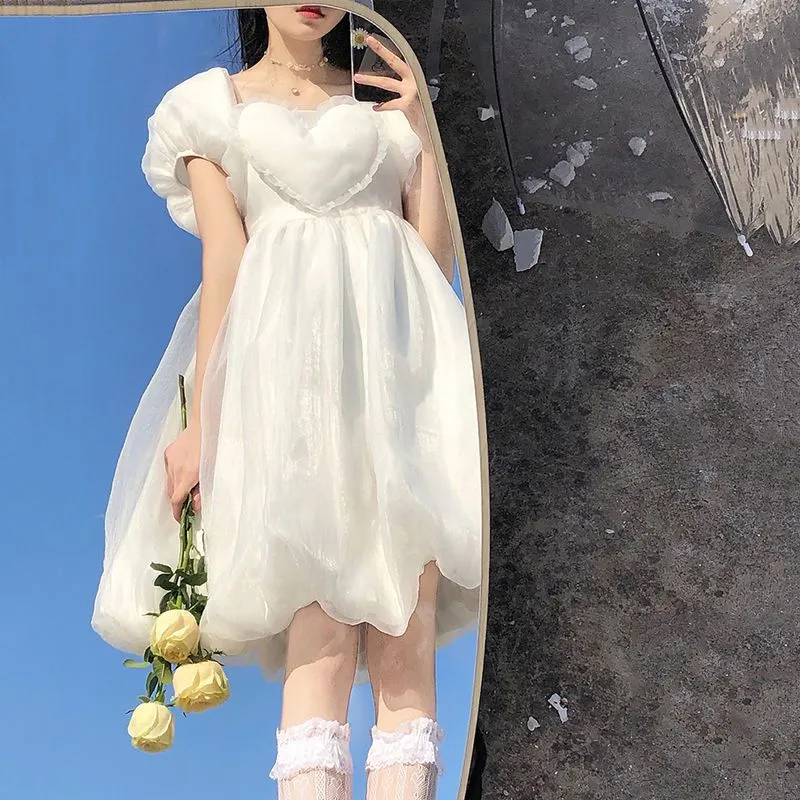 Love Lace Puff Sleeve Tutu Skirt Fairy Dress