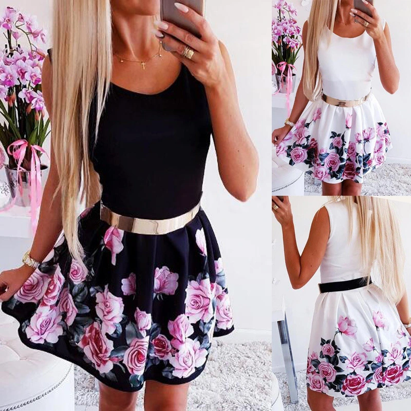 Women's round neck waist up rose print dress