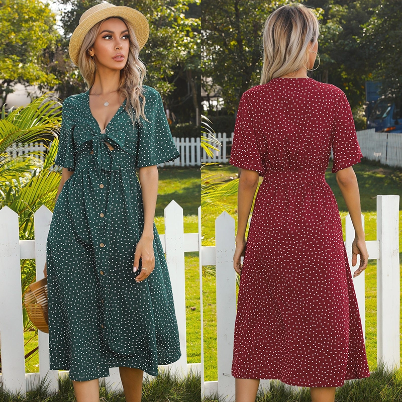 Mid-Length French Polka-Dot V-Neck Hollow Short-Sleeved Bowknot Dress Women