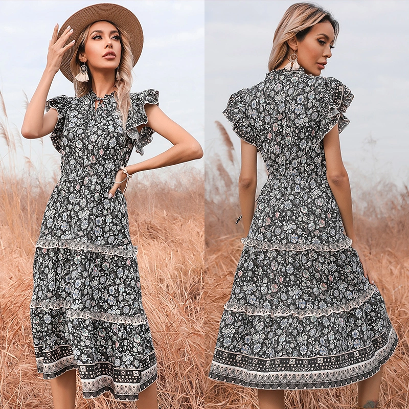 European And American Slim Floral V-Neck Trumpet Sleeve Dress With Wooden Ears For Women