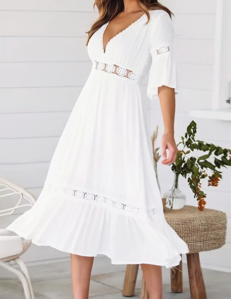 European And American Women Independent Station Hot Push V-Neck Large Lace Lace Inlaid Solid Color Mid-Length Dress