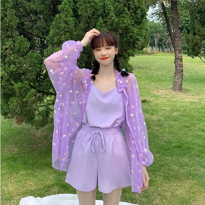 Printing Daisy Mesh Suspender Shorts Korean Female Student Three-piece Suit