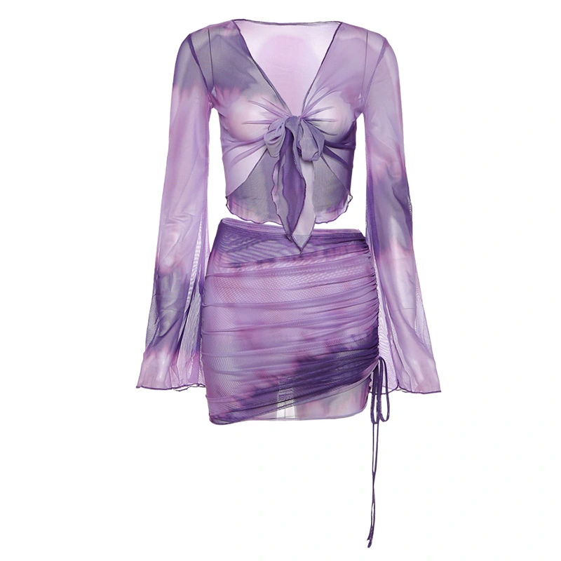 Women's New Mesh Printing Cardigan High Waist Bag Hip Skirt Casual Suit