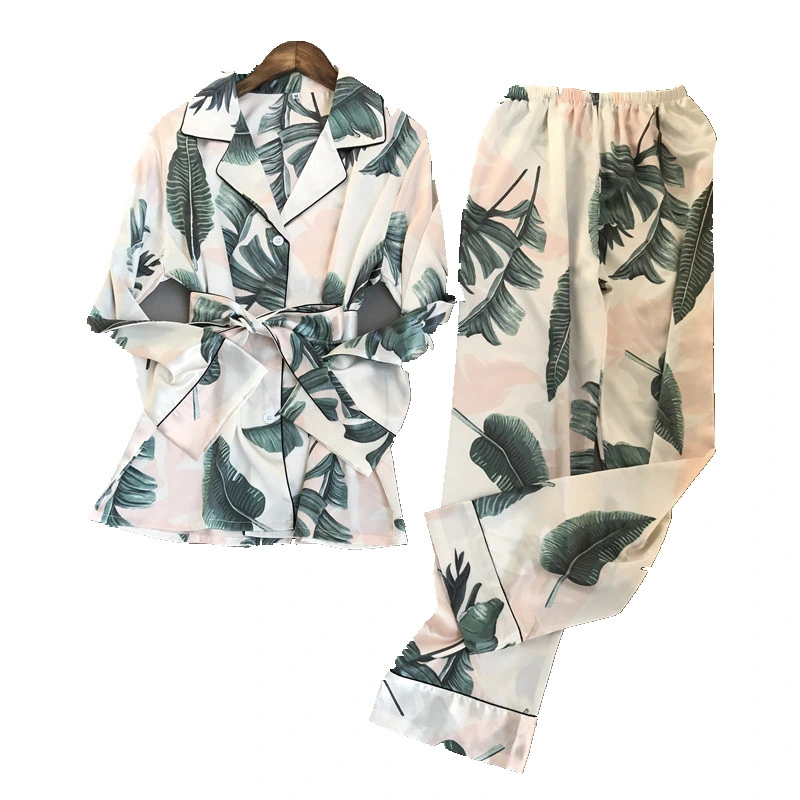 Long-Sleeved Lapel Home Service Suit Female Ice Silk Print Pajamas Home Korean Version