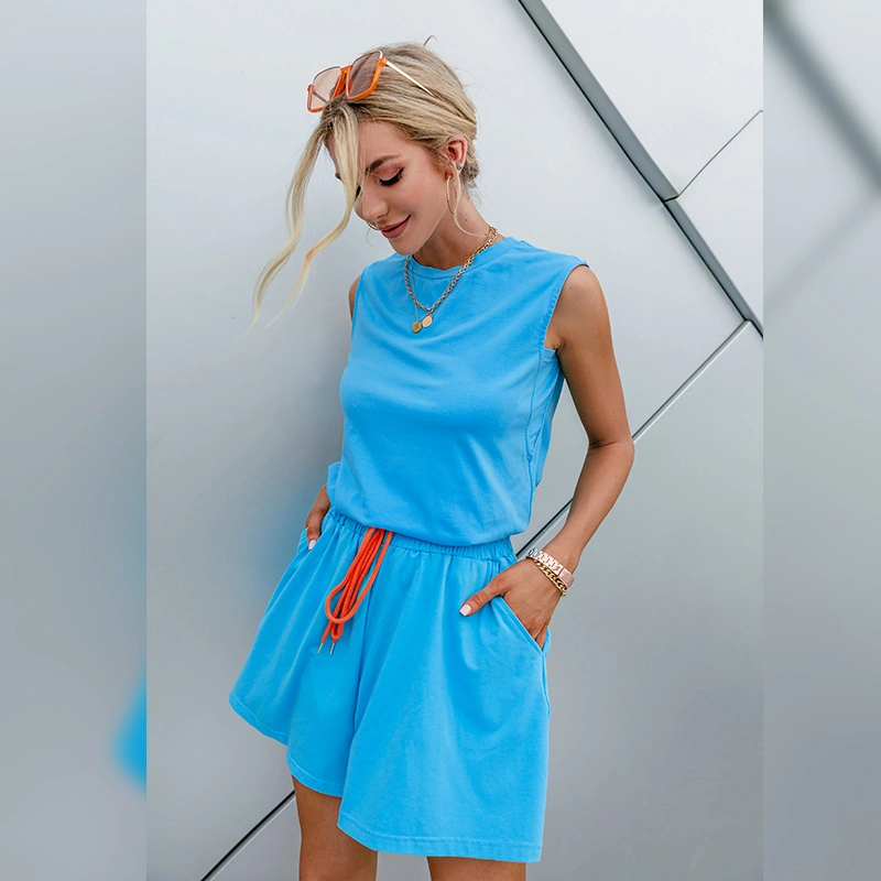 European And American Women Blue Vest Wide-Leg Shorts Two-Piece Suit