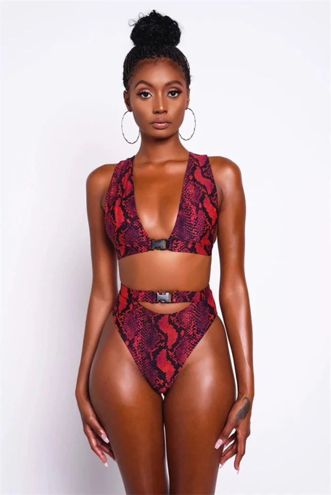 European And American Swimsuit Snake Print High Waist Bikini