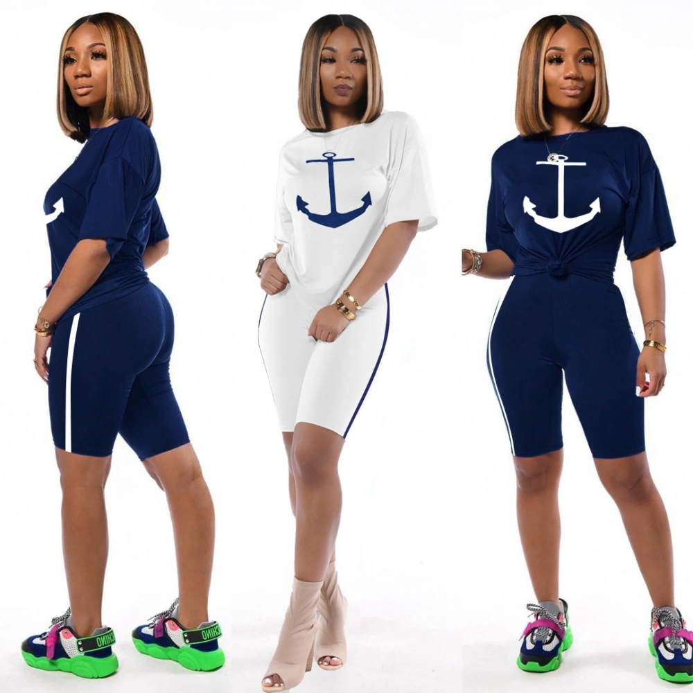 European And American Two-Piece Short-Sleeved T-Shirt Navy Sports Suit