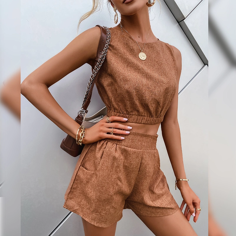 Two-Piece Summer Brown Short Vest Slim Shorts