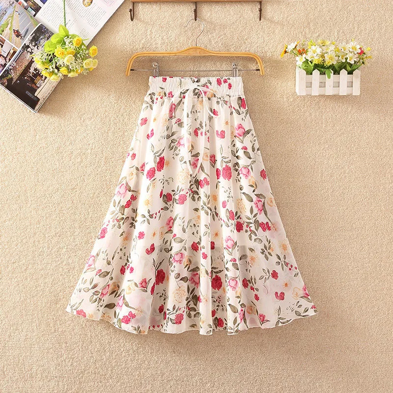 Summer Ladies Look Thin All-Match Printed Chiffon Skirt