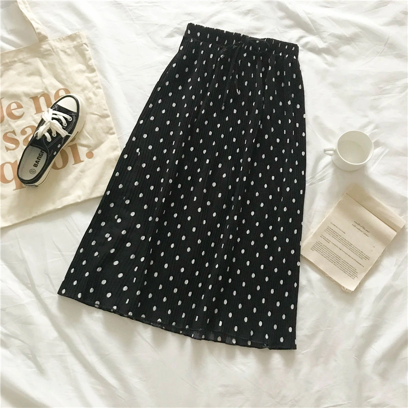 Mid-length Polka-dot Skirt All-match Slimming Mid-length Lace-up Pleated