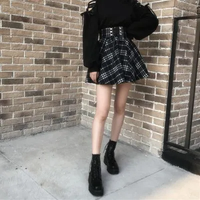 Black And White Grid Girl Dark Skirt High Waist