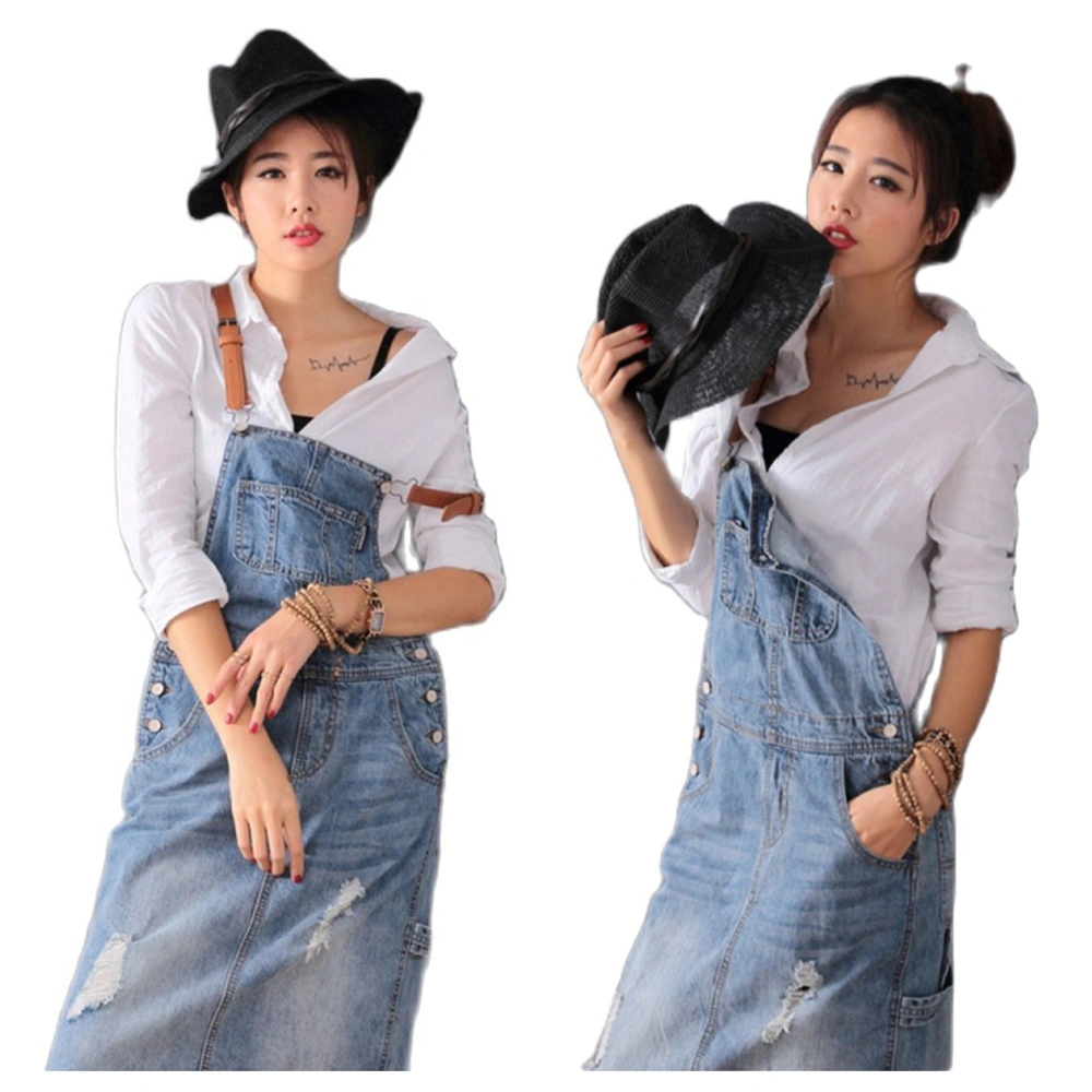 Denim Suspender Skirt Loose Waist Mid-length Plus Size Korean Style Hole