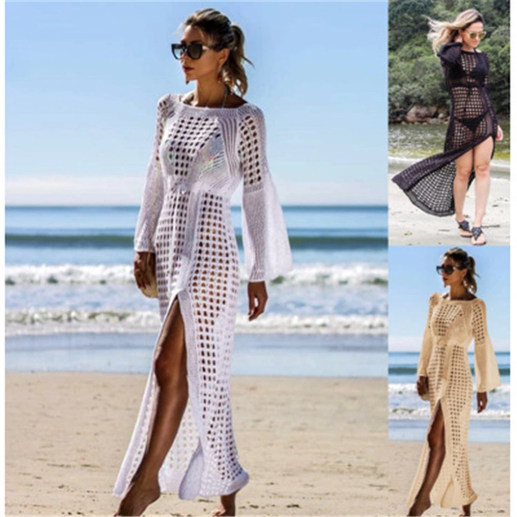 Sexy Hollow Knitted Beach Dress Long Sleeve Split Skirt Vacation Long Skirt Swimsuit