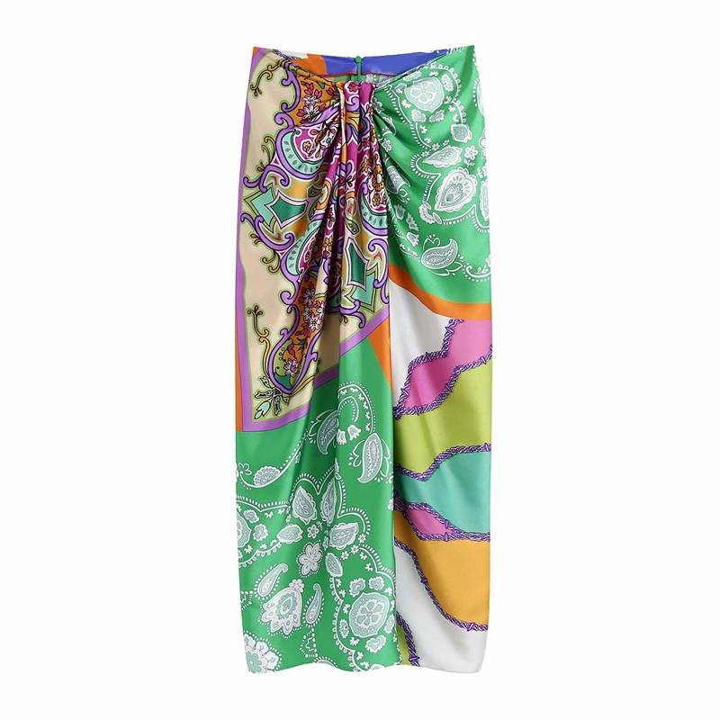 European And American Summer New Fashion Retro Style High Waist Slim Knotted Printed Pleated Skirt