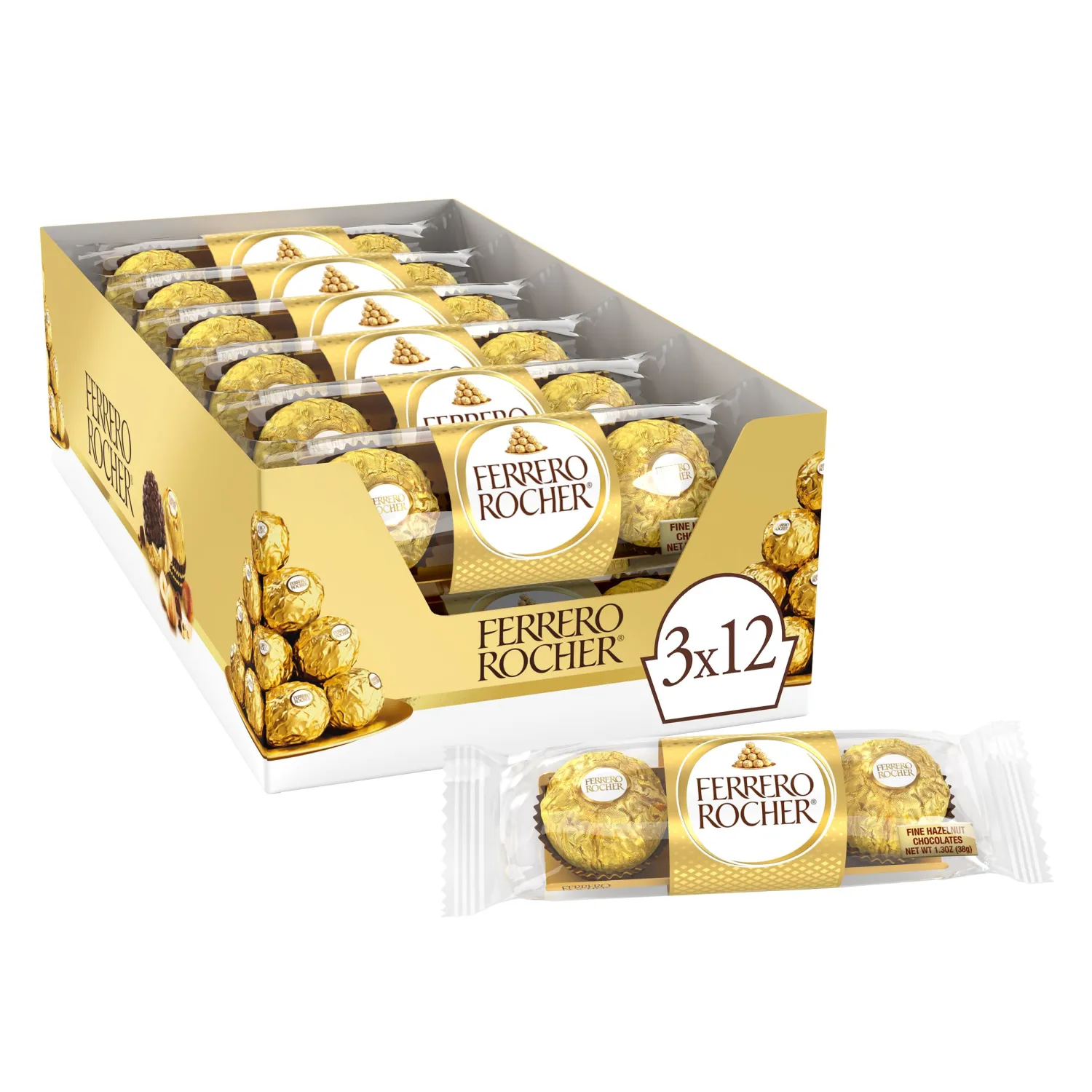 Ferrero Rocher Fine Hazelnut Milk Chocolate, Individually Wrapped Chocolate Candy Gifts, 3 Count (Pack of 12)