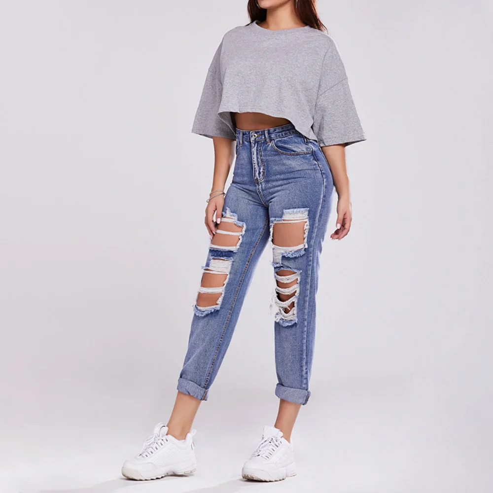 Ladies Trousers High-waisted Butt-lifting Holes Casual Straight-leg Denim Trousers