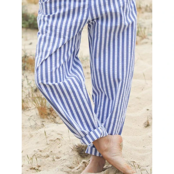 Cotton And Linen Autumn Casual Striped Wide-leg Pants