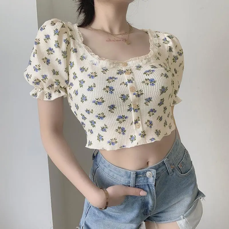 Crop Top Single-breasted Short-sleeved Square Neck Lace Floral Puff Sleeve T-shirt