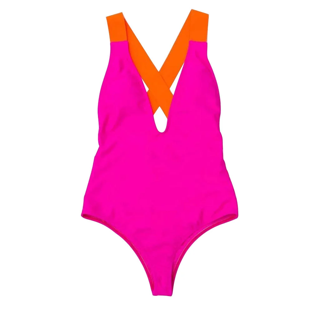 V-neck One-piece Solid Color Swimsuit Contrast Stitching Cross Sexy Backless Swimsuit Swimsuit