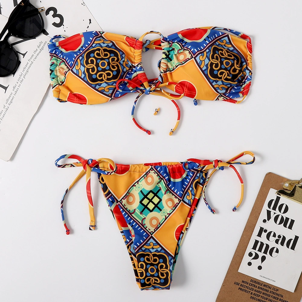 Printed Split Bikini Swimsuit Sexy Lace-up Triangle Ladies Swimwear