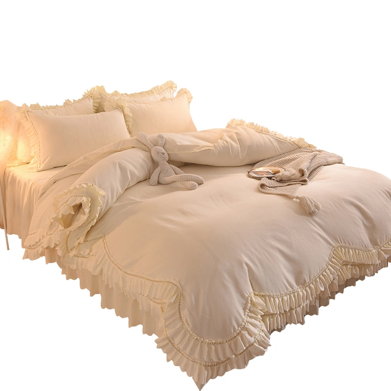 Light Luxury Nude Sleeping Princess Style Four-piece Lotus Leaf Lace Double Bed Sheet Duvet Cover With Bed Skirt Girl Solid Color Bed