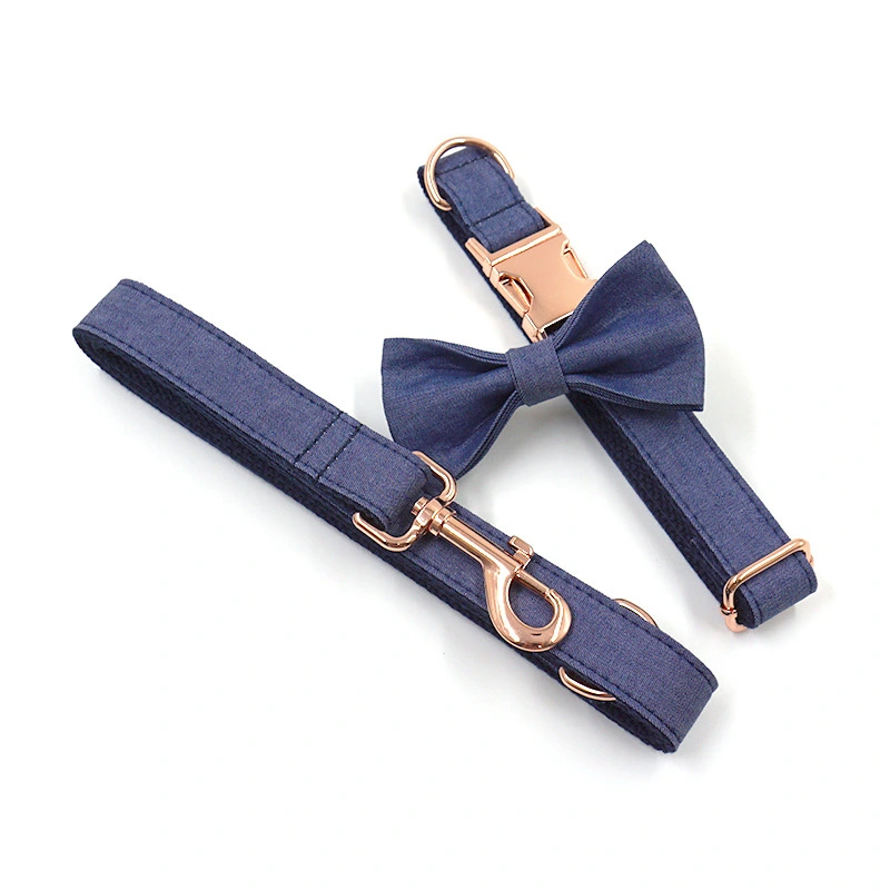 Rose Gold Buckle Lettering Deep Denim Pet Collar Dog Leash Dog Bow Set