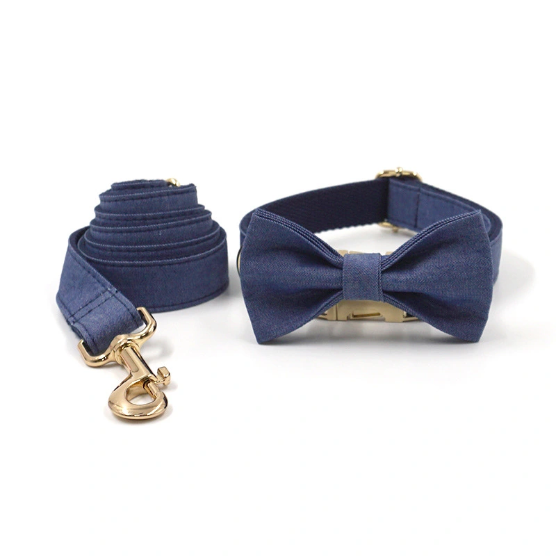 Lettering Deep Denim Gold Buckle Pet Collar Leash Bow Tie Suit