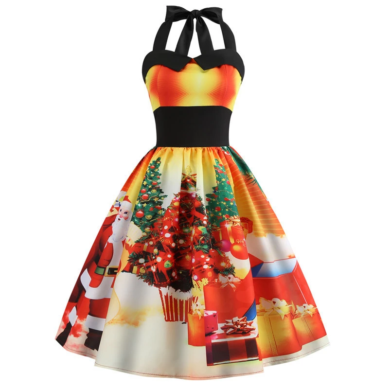 Women's Christmas Print Halter Waist Halterneck Dress