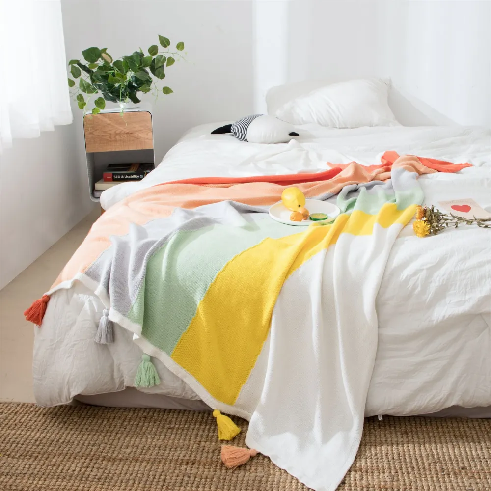 Rainbow Blanket Cute Tassel Home Sofa Knitted Woolen Blanket