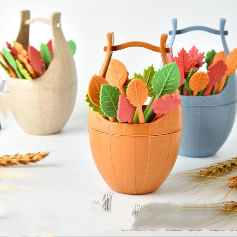 Wooden Barrel Leaf Fruit Fork Wheat Orange Stalk Creative Tube Fruit Fork