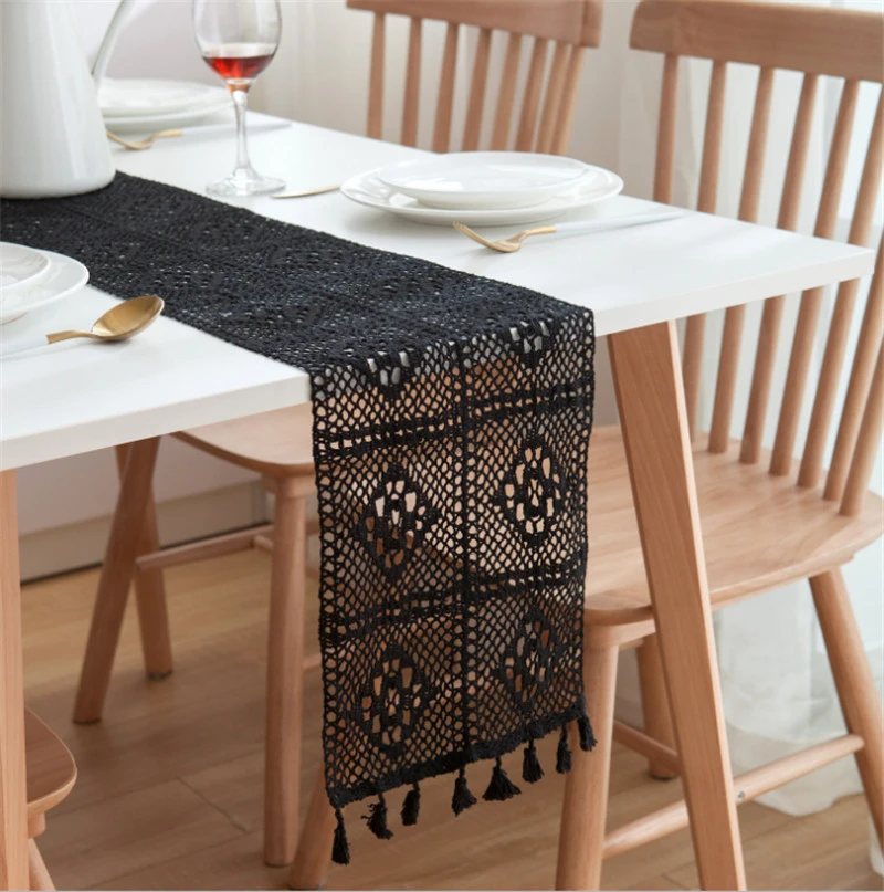 Vintage Black Table Runner Palace Lace Handmade Crochet Hollow Polyester Cotton Tassel Lace Placemat Table Side Cabinet