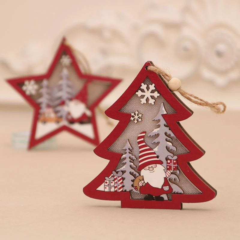 Wooden Luminous Pendant Christmas Tree Ornaments Round Five-pointed Star Pendant