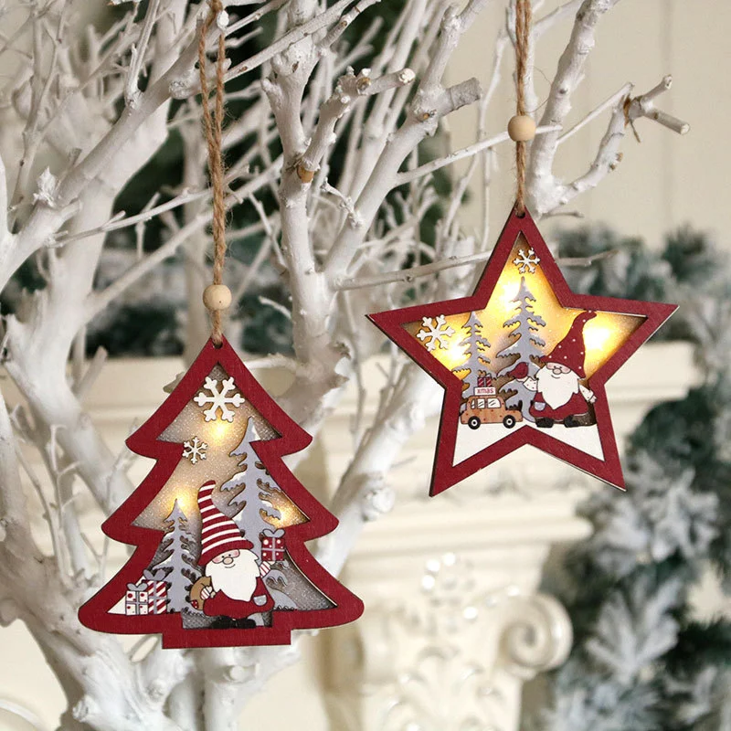 Wooden Luminous Pendant Christmas Tree Ornaments Round Five-pointed Star Pendant