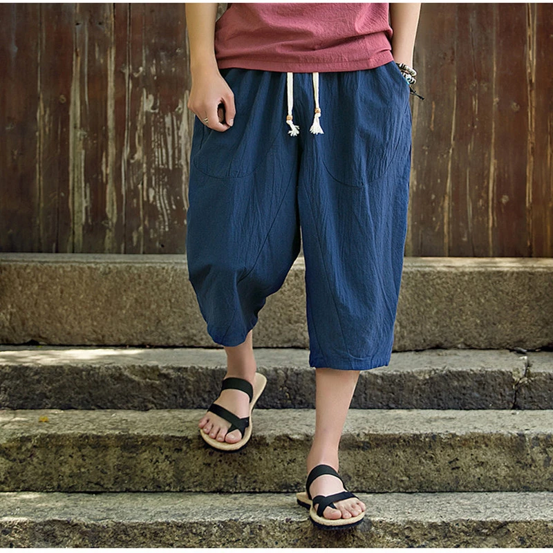 Cotton And Linen Cropped Trousers Chinese Style Wide-leg Linen Casual Shorts