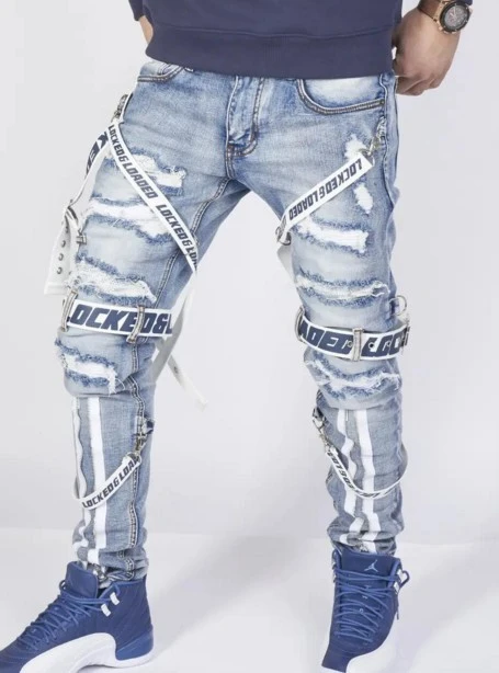 AliExpress White High-end Denim Men's Trousers Cross-border Foreign Trade Hole Trend Black Slim Jeans