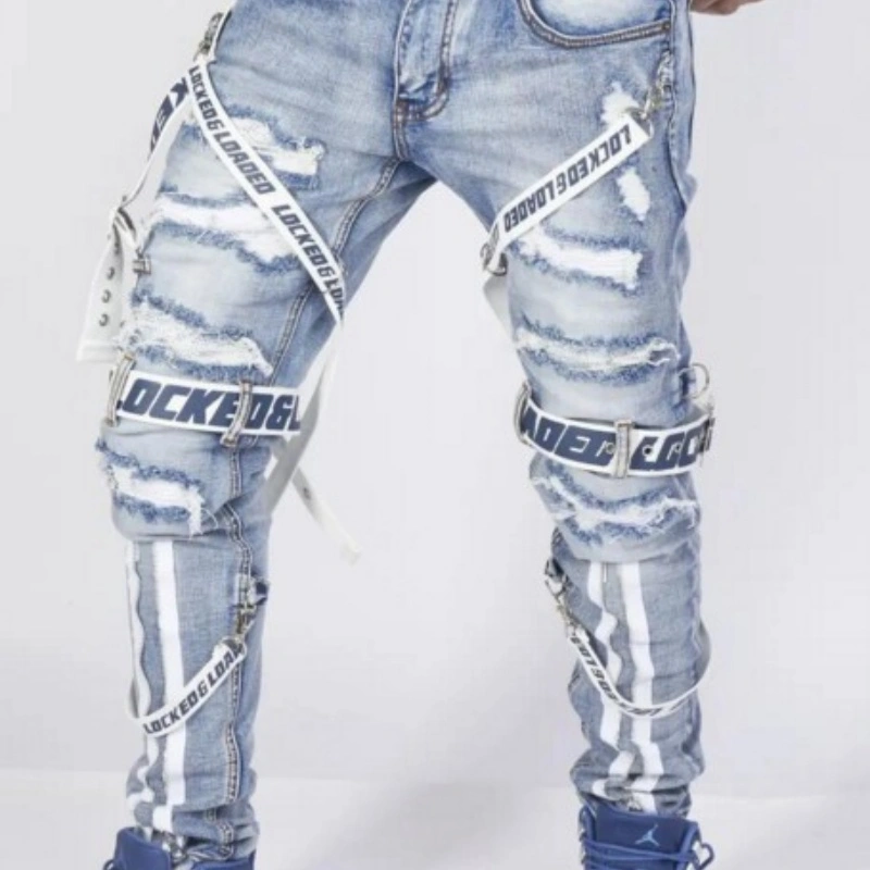 AliExpress White High-end Denim Men's Trousers Cross-border Foreign Trade Hole Trend Black Slim Jeans